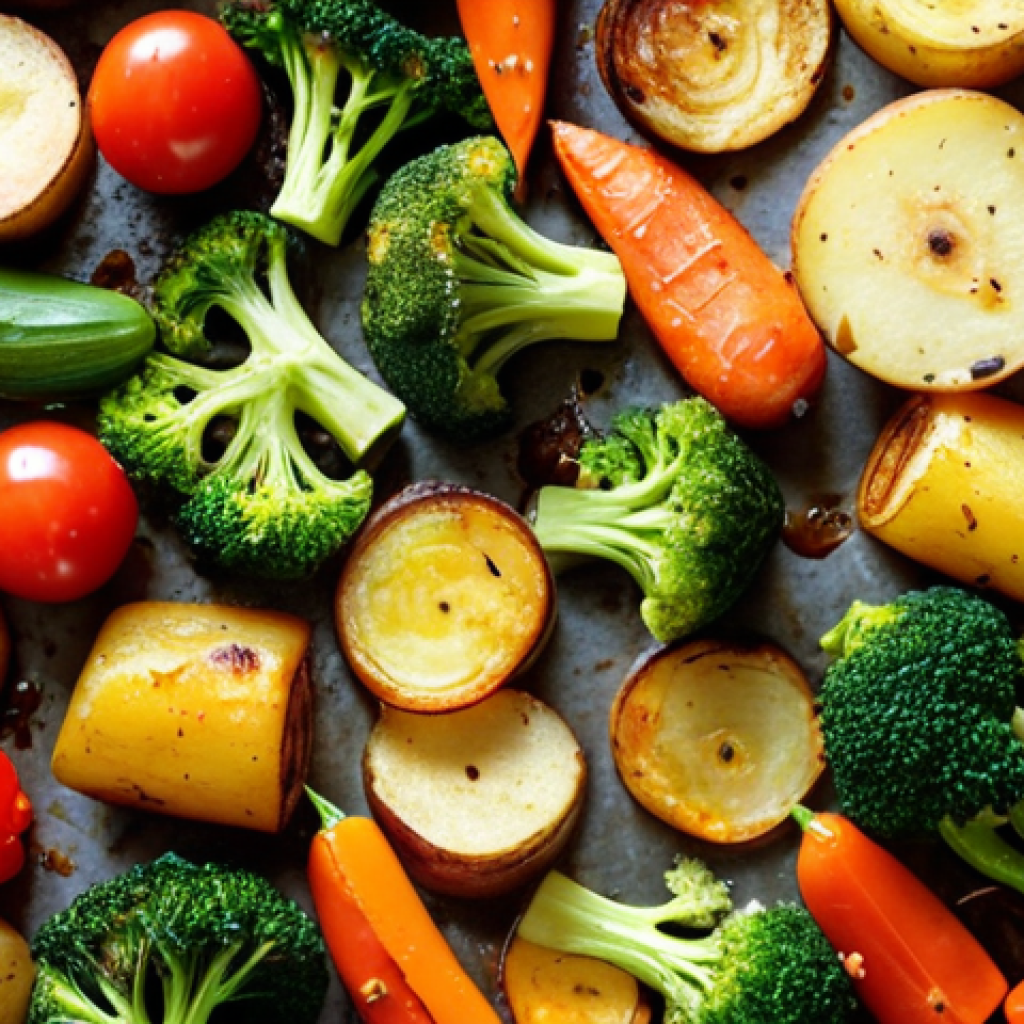 A close-up, overhead shot of a large, rustic baking sheet filled with a vibrant assortment of perfectly roasted vegetables. The vegetables – including golden-brown potatoes, caramelized carrots, tender broccoli florets with crispy edges, colorful bell peppers, and slightly charred zucchini – are evenly spaced. Warm, inviting light highlights their texture and the subtle steam rising. Food photography style, high detail.