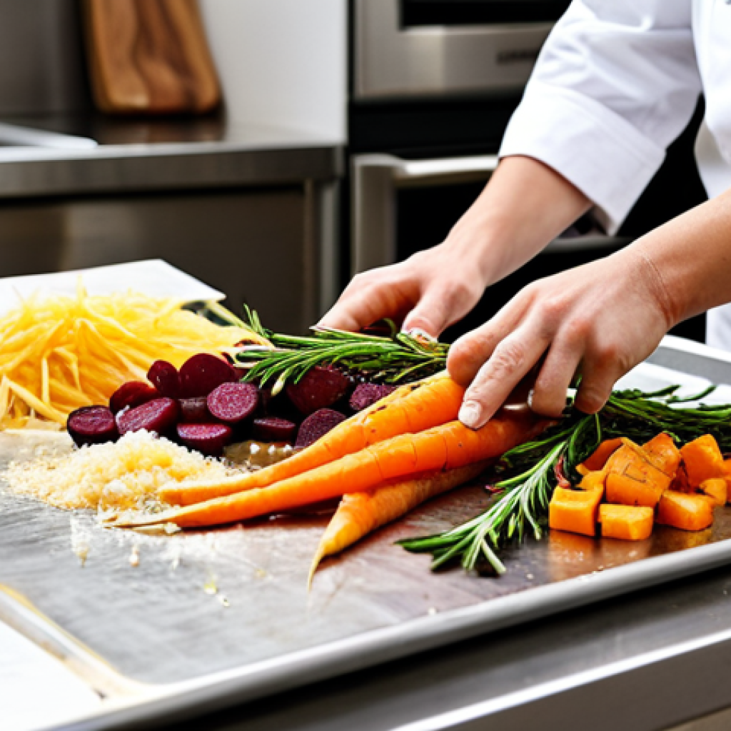 A close-up shot of a professional chef's hands, wearing modest, clean kitchen attire, meticulously tossing a vibrant assortment of freshly chopped root vegetables on a large metal baking sheet. The vegetables include uniformly cut orange carrots, purple red beet cubes, and golden parsnips, lightly coated in olive oil with visible fresh rosemary sprigs and a sprinkle of sea salt. The scene is set in a bright, clean, professional kitchen with modern, blurred stainless steel appliances and warm, soft overhead lighting. Perfect anatomy, well-formed hands, natural pose, correct proportions, professional photography, high resolution, detailed textures, gourmet food preparation, fully clothed, appropriate attire, safe for work, appropriate content, family-friendly.