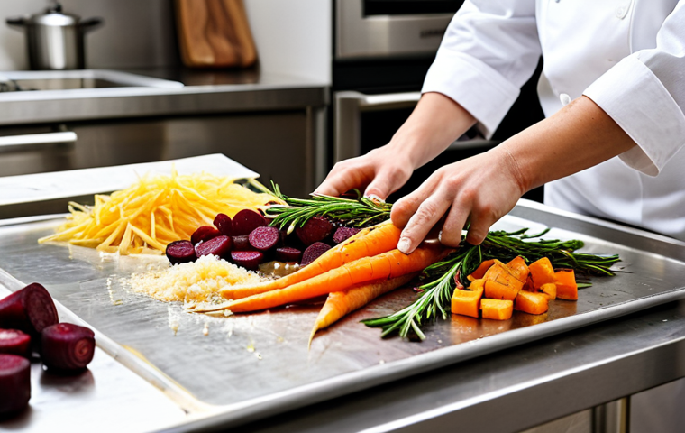 A close-up shot of a professional chef's hands, wearing modest, clean kitchen attire, meticulously tossing a vibrant assortment of freshly chopped root vegetables on a large metal baking sheet. The vegetables include uniformly cut orange carrots, purple red beet cubes, and golden parsnips, lightly coated in olive oil with visible fresh rosemary sprigs and a sprinkle of sea salt. The scene is set in a bright, clean, professional kitchen with modern, blurred stainless steel appliances and warm, soft overhead lighting. Perfect anatomy, well-formed hands, natural pose, correct proportions, professional photography, high resolution, detailed textures, gourmet food preparation, fully clothed, appropriate attire, safe for work, appropriate content, family-friendly.