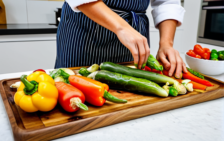 **
"A chef in a bright and clean kitchen, arranging colorful roasted vegetables (carrots, bell peppers, Brussels sprouts) on a wooden serving platter, fully clothed, professional attire, safe for work, appropriate content, perfect anatomy, correct proportions, natural pose, well-formed hands, proper finger count, professional photography, high quality. The vegetables are glistening with oil and spices. A bottle of olive oil and a spice rack are visible in the background. modest, family-friendly"
**