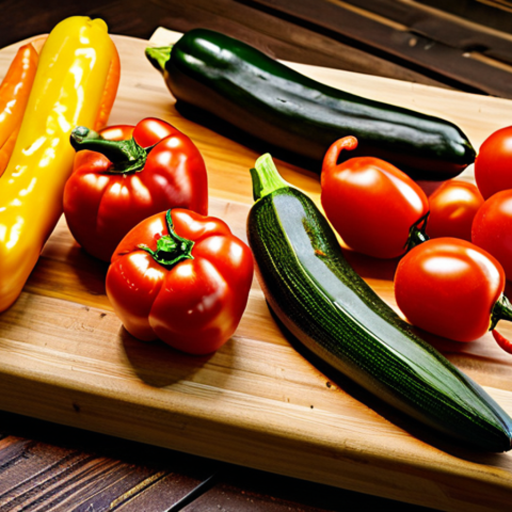 Rustic Roasted Vegetables**
A colorful assortment of roasted vegetables (peppers, zucchini, tomatoes, carrots) arranged on a wooden cutting board, herbs scattered around, rustic kitchen setting, warm lighting, safe for work, appropriate content, fully clothed, professional food photography, perfect anatomy (vegetables), natural colors, high quality, family-friendly.
**