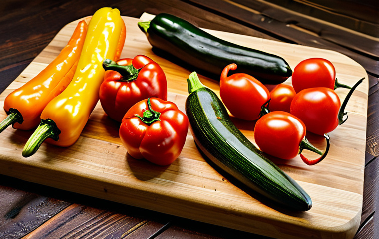 Rustic Roasted Vegetables**
A colorful assortment of roasted vegetables (peppers, zucchini, tomatoes, carrots) arranged on a wooden cutting board, herbs scattered around, rustic kitchen setting, warm lighting, safe for work, appropriate content, fully clothed, professional food photography, perfect anatomy (vegetables), natural colors, high quality, family-friendly.
**