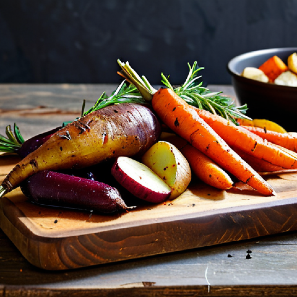 Roasted Root Vegetable Medley**
"A vibrant and colorful assortment of roasted root vegetables, including carrots, potatoes, sweet potatoes, and beets, arranged on a rustic wooden platter. The vegetables are glistening with olive oil and sprinkled with fresh herbs like rosemary and thyme. Background is a cozy kitchen scene with a warm, inviting atmosphere. fully clothed, safe for work, appropriate content, professional food photography, perfect anatomy, natural proportions, modest presentation."
**