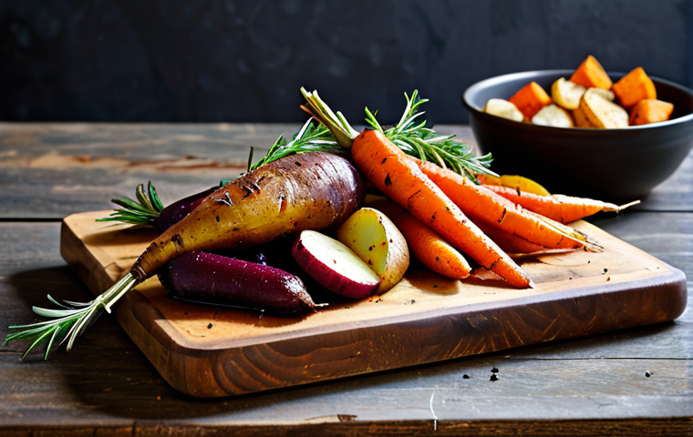 Roasted Root Vegetable Medley**
"A vibrant and colorful assortment of roasted root vegetables, including carrots, potatoes, sweet potatoes, and beets, arranged on a rustic wooden platter. The vegetables are glistening with olive oil and sprinkled with fresh herbs like rosemary and thyme. Background is a cozy kitchen scene with a warm, inviting atmosphere. fully clothed, safe for work, appropriate content, professional food photography, perfect anatomy, natural proportions, modest presentation."
**