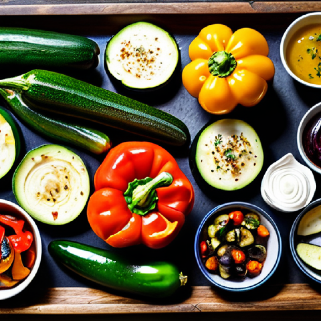 로스팅 채소로 만드는 지중해식 요리 - "A vibrant assortment of roasted Mediterranean vegetables (zucchini, bell peppers, eggplant) seasone...