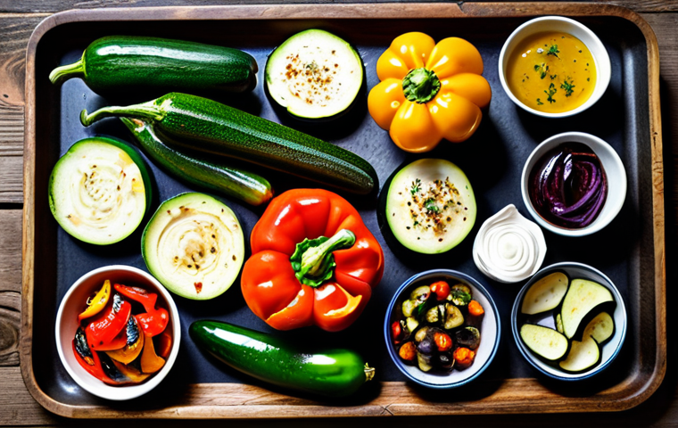 로스팅 채소로 만드는 지중해식 요리 - "A vibrant assortment of roasted Mediterranean vegetables (zucchini, bell peppers, eggplant) seasone...