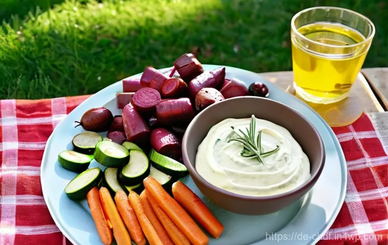 로스팅 채소로 만드는 피크닉 음식 - **Vibrant Picnic Spread with Roasted Vegetables:**
"A picturesque, family-friendly picnic spread...