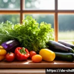 Home 19 로스팅 채소와 함께하는 여름 샐러드 - A vibrant, rustic kitchen scene featuring a wooden cutting board with freshly cut chunks of colorful...