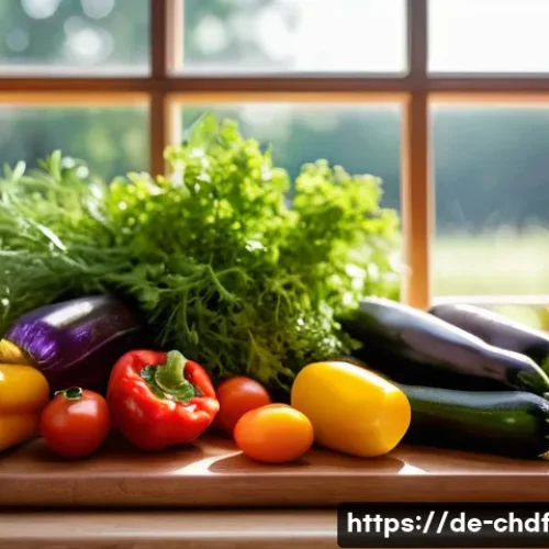 Home 31 로스팅 채소와 함께하는 여름 샐러드 - A vibrant, rustic kitchen scene featuring a wooden cutting board with freshly cut chunks of colorful...