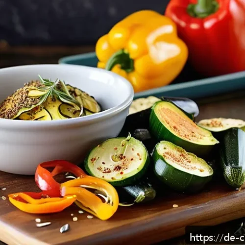 Home 30 로스팅 채소로 만드는 독특한 샌드위치 - A rustic kitchen scene featuring a variety of roasted vegetables arranged artfully on a wooden cutti...