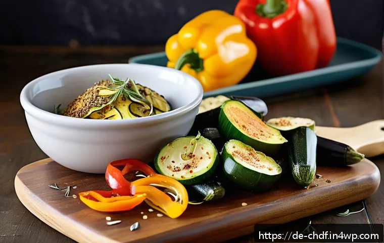 로스팅 채소로 만드는 독특한 샌드위치 - A rustic kitchen scene featuring a variety of roasted vegetables arranged artfully on a wooden cutti...
