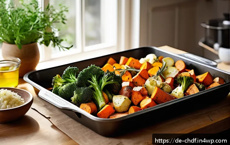 로스팅 채소를 활용한 이색적인 조리 팁 - A vibrant, rustic kitchen scene featuring a large baking tray filled with evenly cut roasted vegetab...