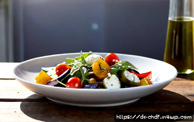 로스팅 채소로 만든 이탈리안 샐러드 - Photorealistic Italian roasted vegetable salad in a wide white ceramic bowl, caramelized zucchini, r...
