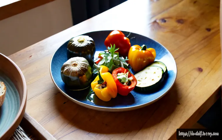 Home 17 로스팅 채소로 만드는 맛있는 타파스 - Photorealistic rustic German-style tapas platter on a warm wooden dining table, colorful roasted bel...